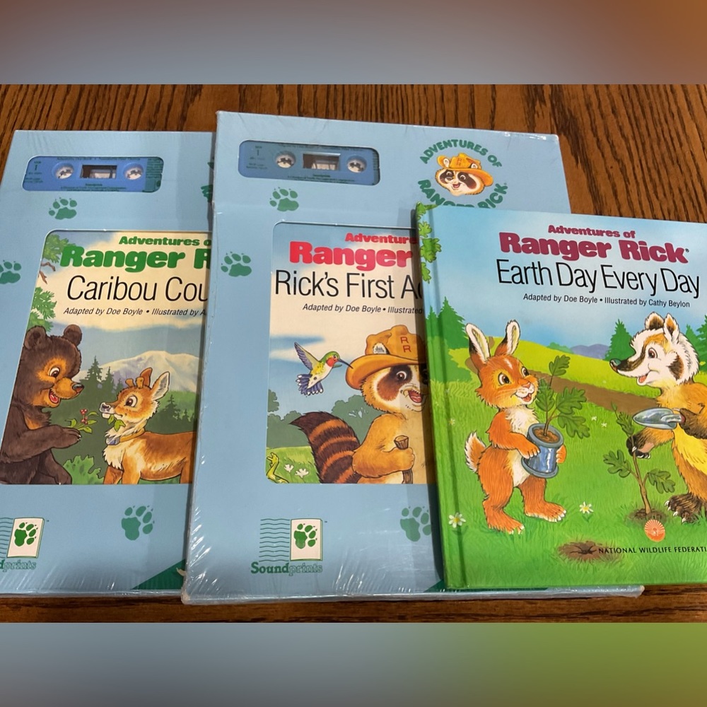 Set of 3 Adventures of Ranger Rick books & 2 cassettes